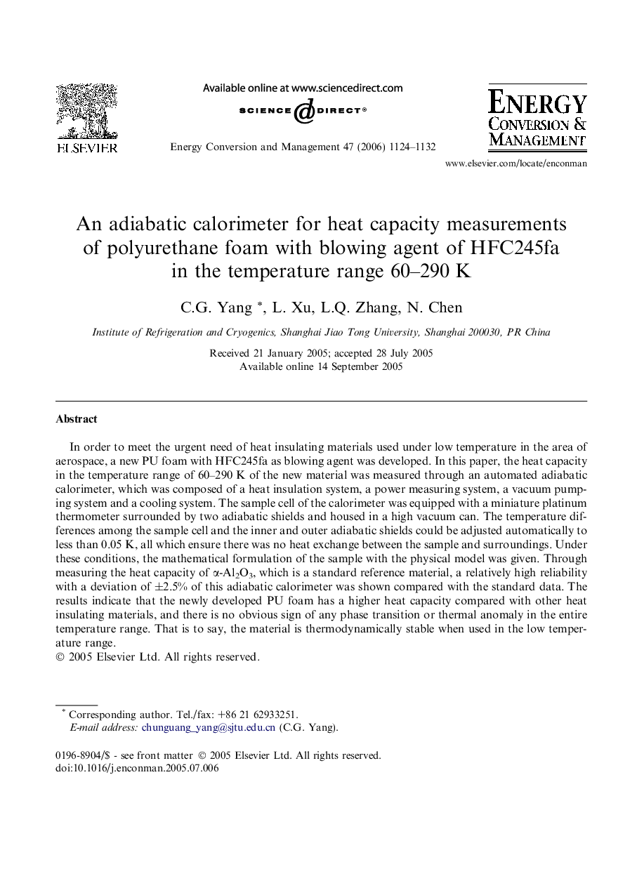 An adiabatic calorimeter for heat capacity measurements of polyurethane foam with blowing agent of HFC245fa in the temperature range 60–290 K