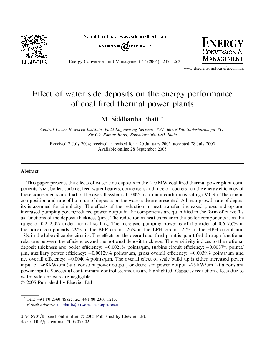 Effect of water side deposits on the energy performance of coal fired thermal power plants