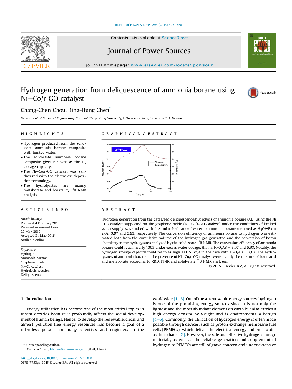 Hydrogen generation from deliquescence of ammonia borane using Ni-Co/r-GO catalyst