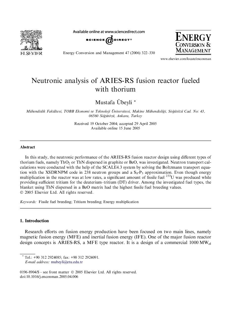Neutronic analysis of ARIES-RS fusion reactor fueled with thorium