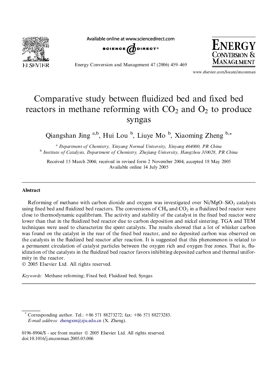 Comparative study between fluidized bed and fixed bed reactors in methane reforming with CO2 and O2 to produce syngas