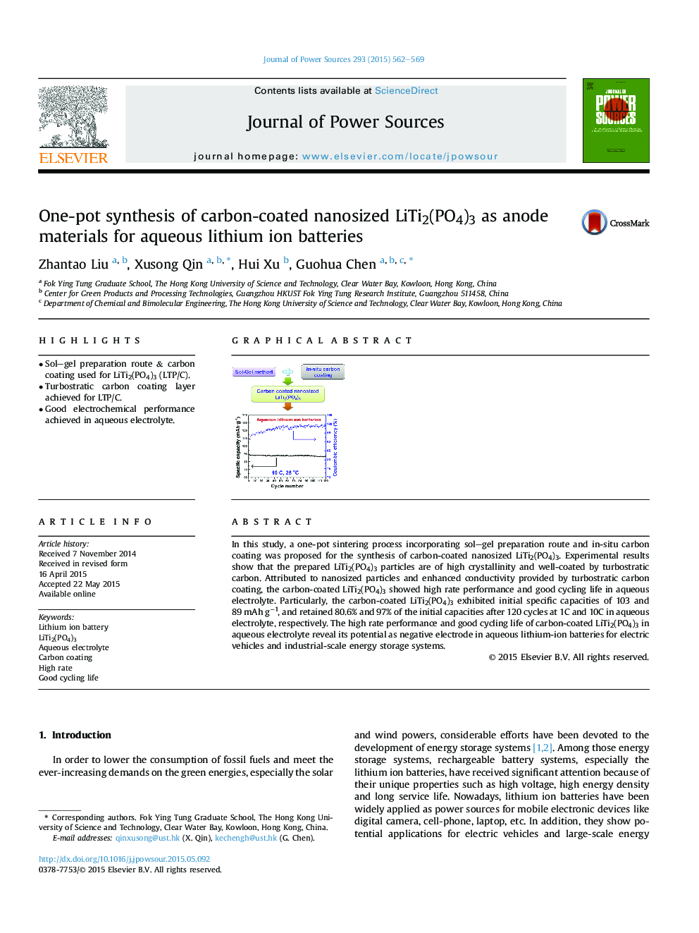 One-pot synthesis of carbon-coated nanosized LiTi2(PO4)3 as anode materials for aqueous lithium ion batteries