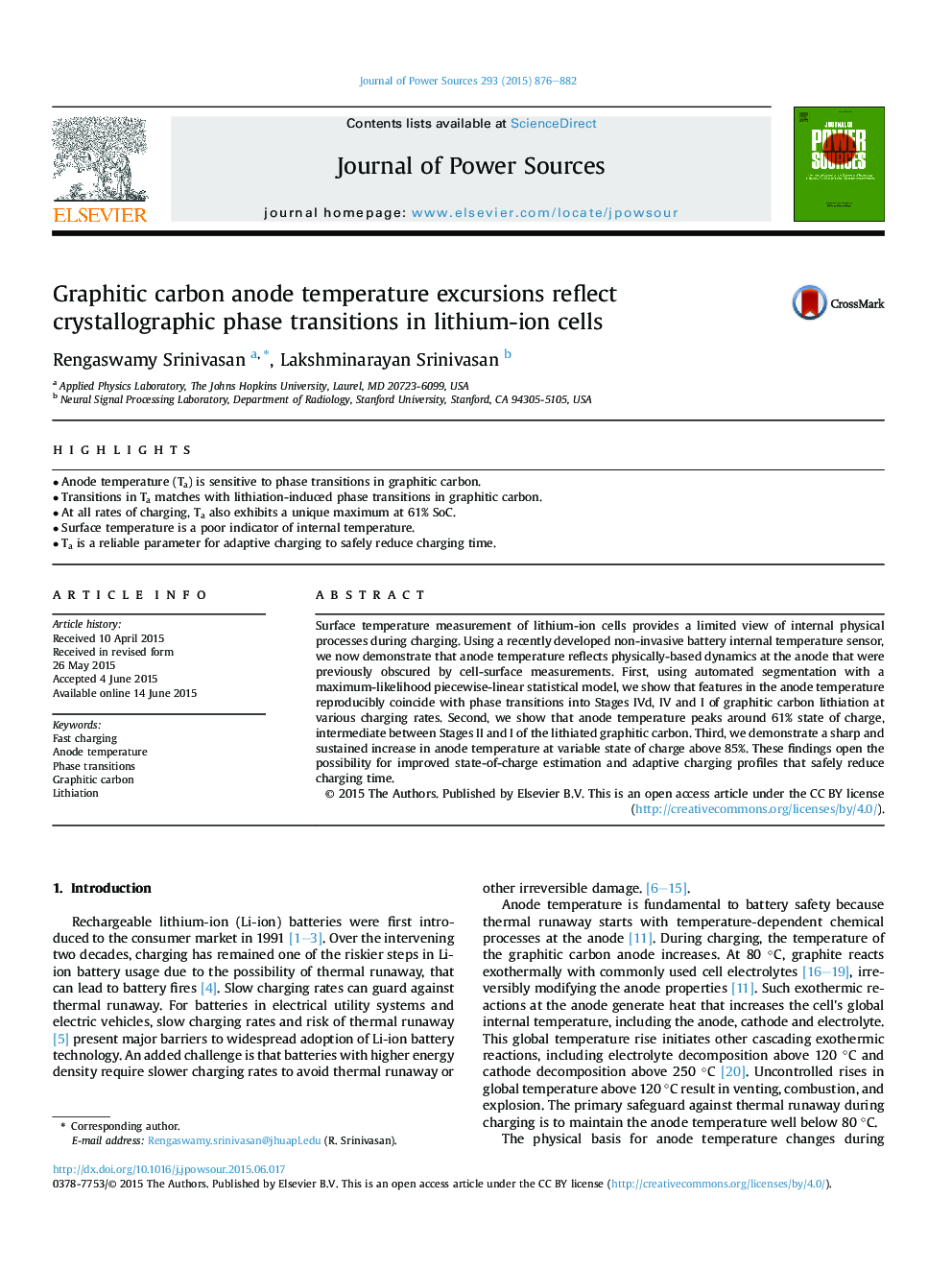 Graphitic carbon anode temperature excursions reflect crystallographic phase transitions in lithium-ion cells