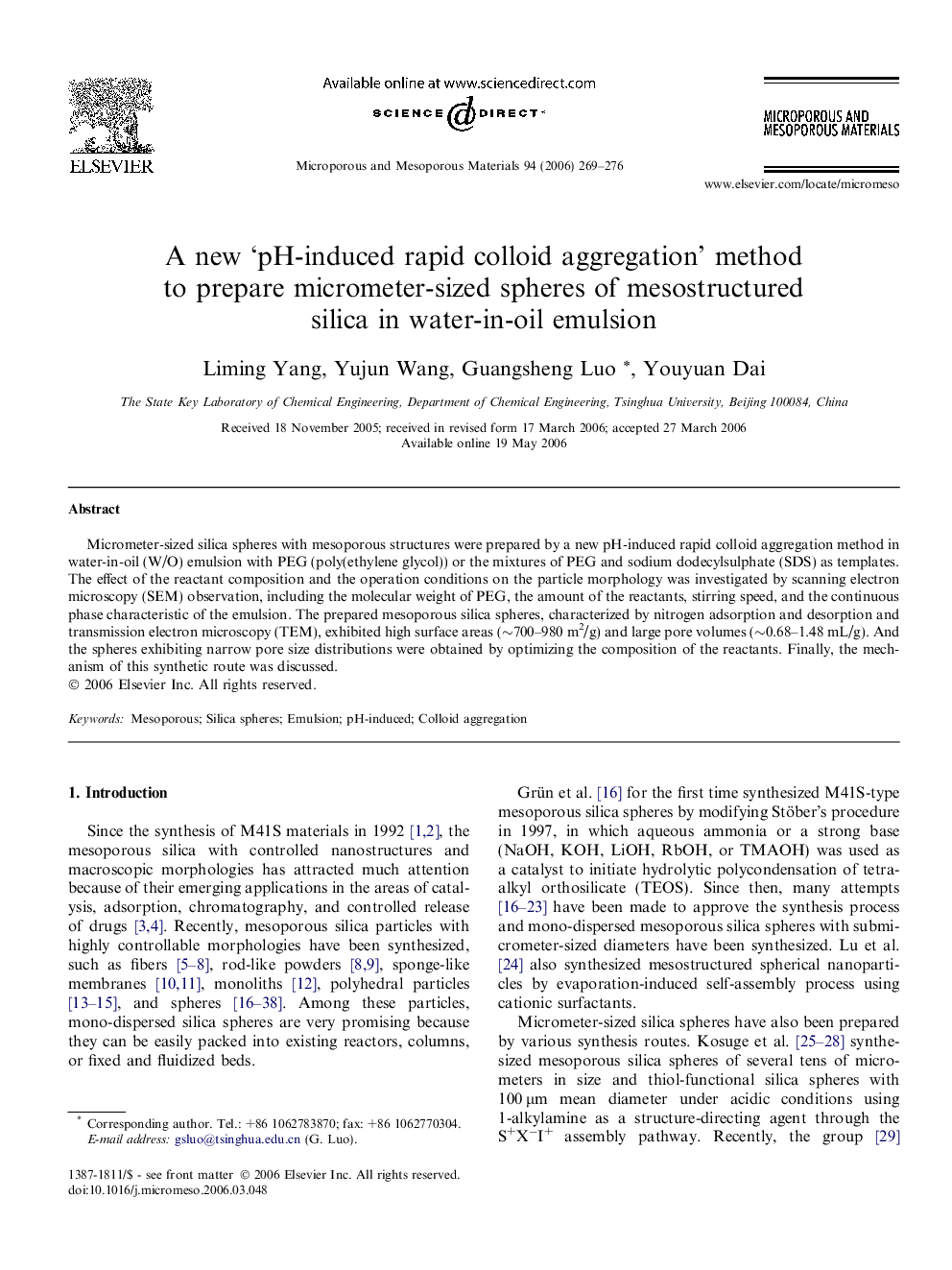 A new ‘pH-induced rapid colloid aggregation’ method to prepare micrometer-sized spheres of mesostructured silica in water-in-oil emulsion