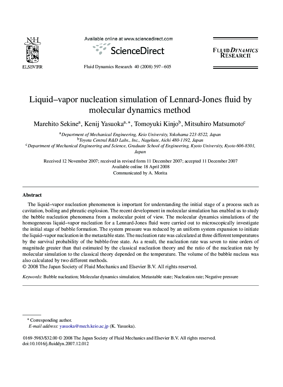 Liquid-vapor nucleation simulation of Lennard-Jones fluid by molecular dynamics method