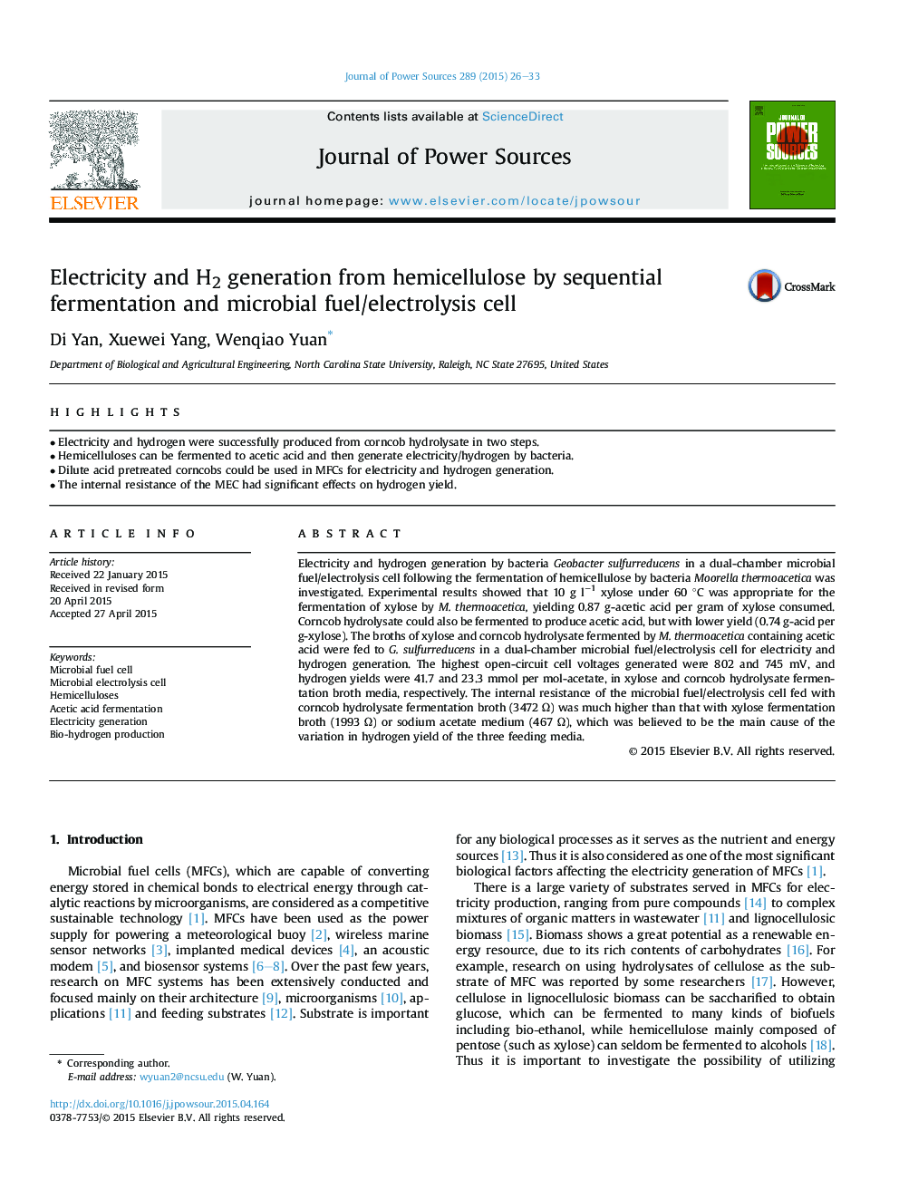 Electricity and H2 generation from hemicellulose by sequential fermentation and microbial fuel/electrolysis cell