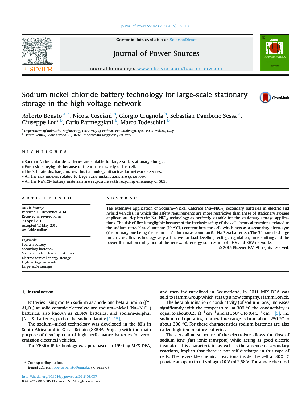 Sodium nickel chloride battery technology for large-scale stationary storage in the high voltage network