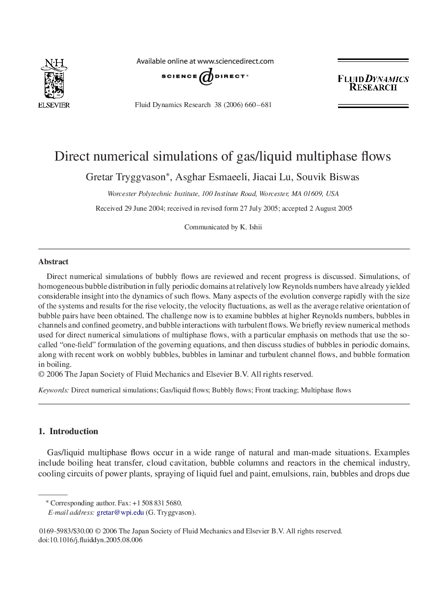 Direct numerical simulations of gas/liquid multiphase flows