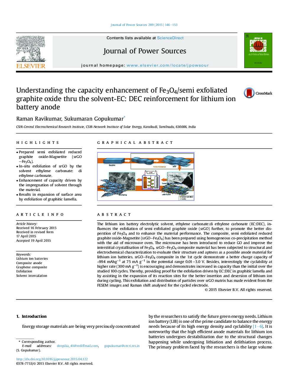 Understanding the capacity enhancement of Fe3O4/semi exfoliated graphite oxide thru the solvent-EC: DEC reinforcement for lithium ion battery anode