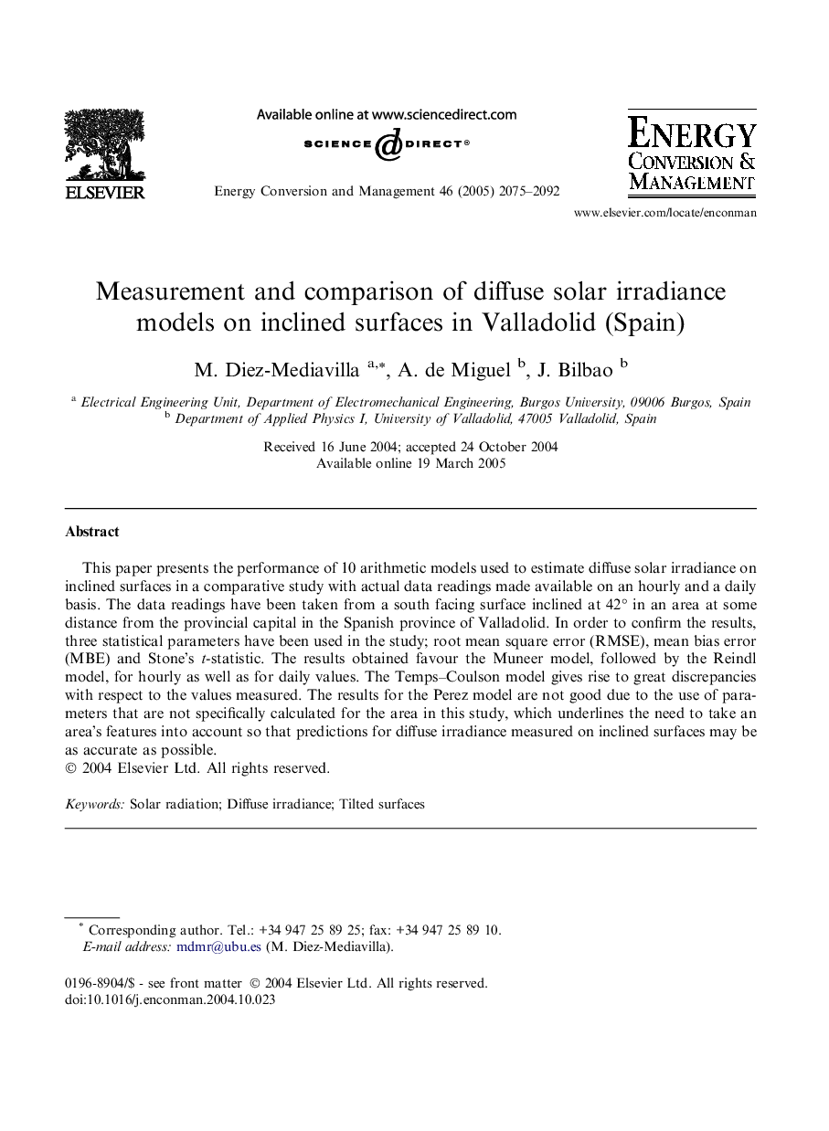 Measurement and comparison of diffuse solar irradiance models on inclined surfaces in Valladolid (Spain)