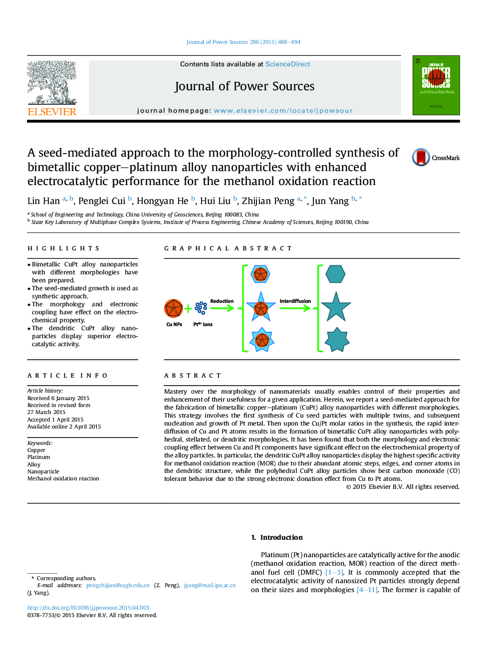 A seed-mediated approach to the morphology-controlled synthesis of bimetallic copper-platinum alloy nanoparticles with enhanced electrocatalytic performance for the methanol oxidation reaction