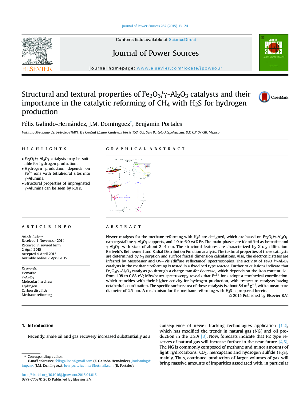 Structural and textural properties of Fe2O3/Î³-Al2O3 catalysts and their importance in the catalytic reforming of CH4 with H2S for hydrogen production
