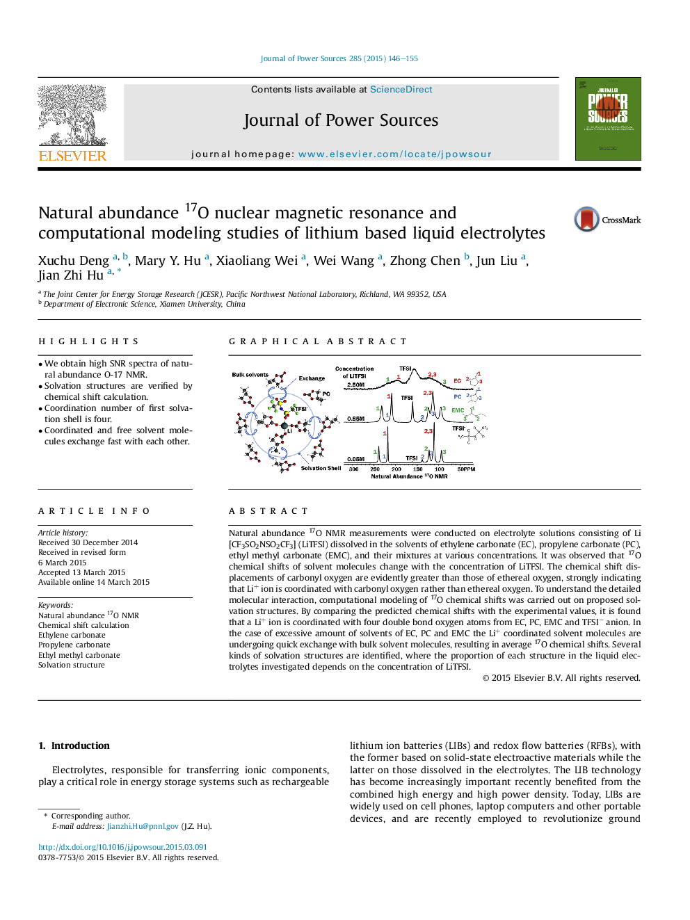 Natural abundance 17O nuclear magnetic resonance and computational modeling studies of lithium based liquid electrolytes