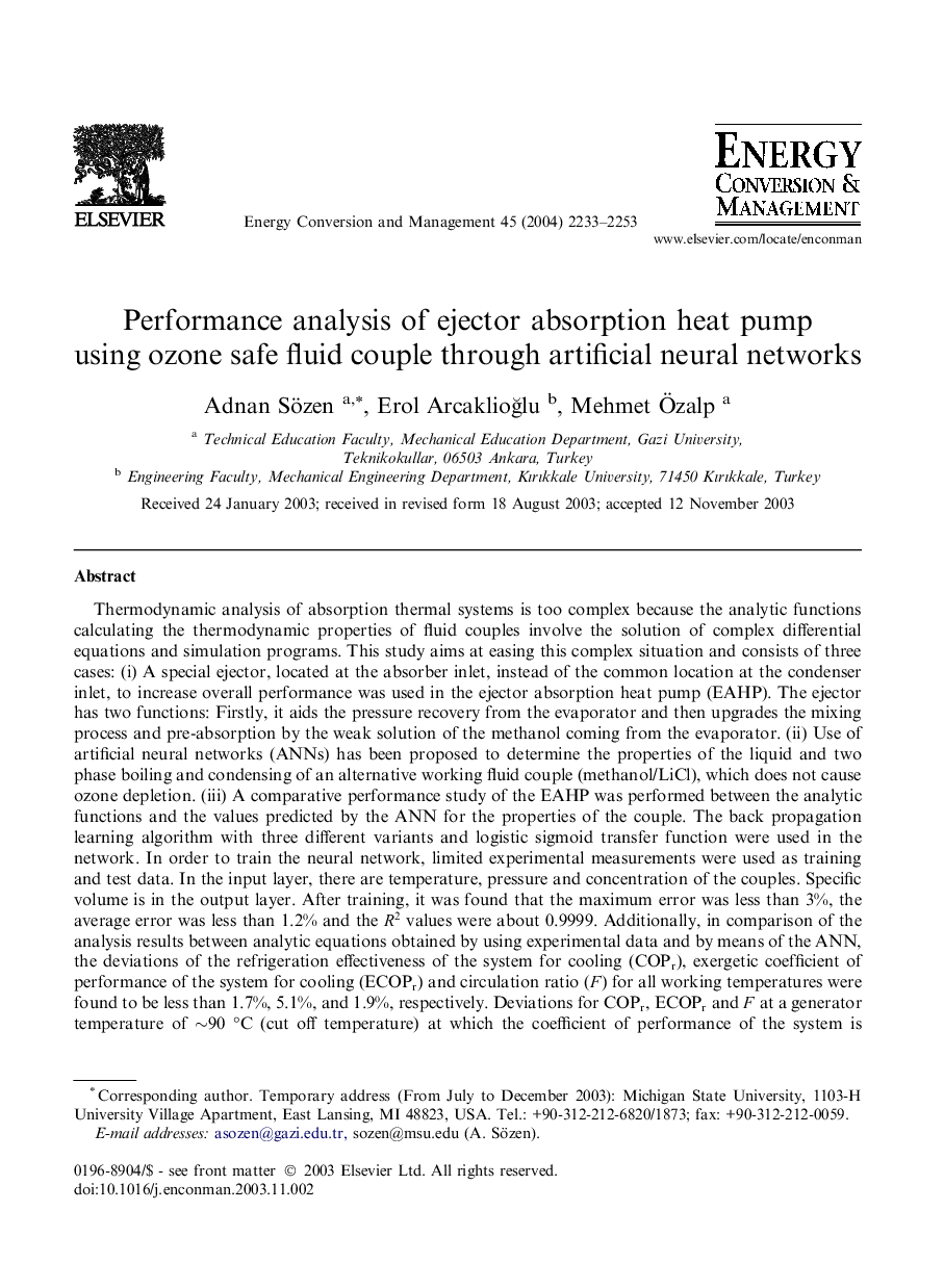 Performance analysis of ejector absorption heat pump using ozone safe fluid couple through artificial neural networks