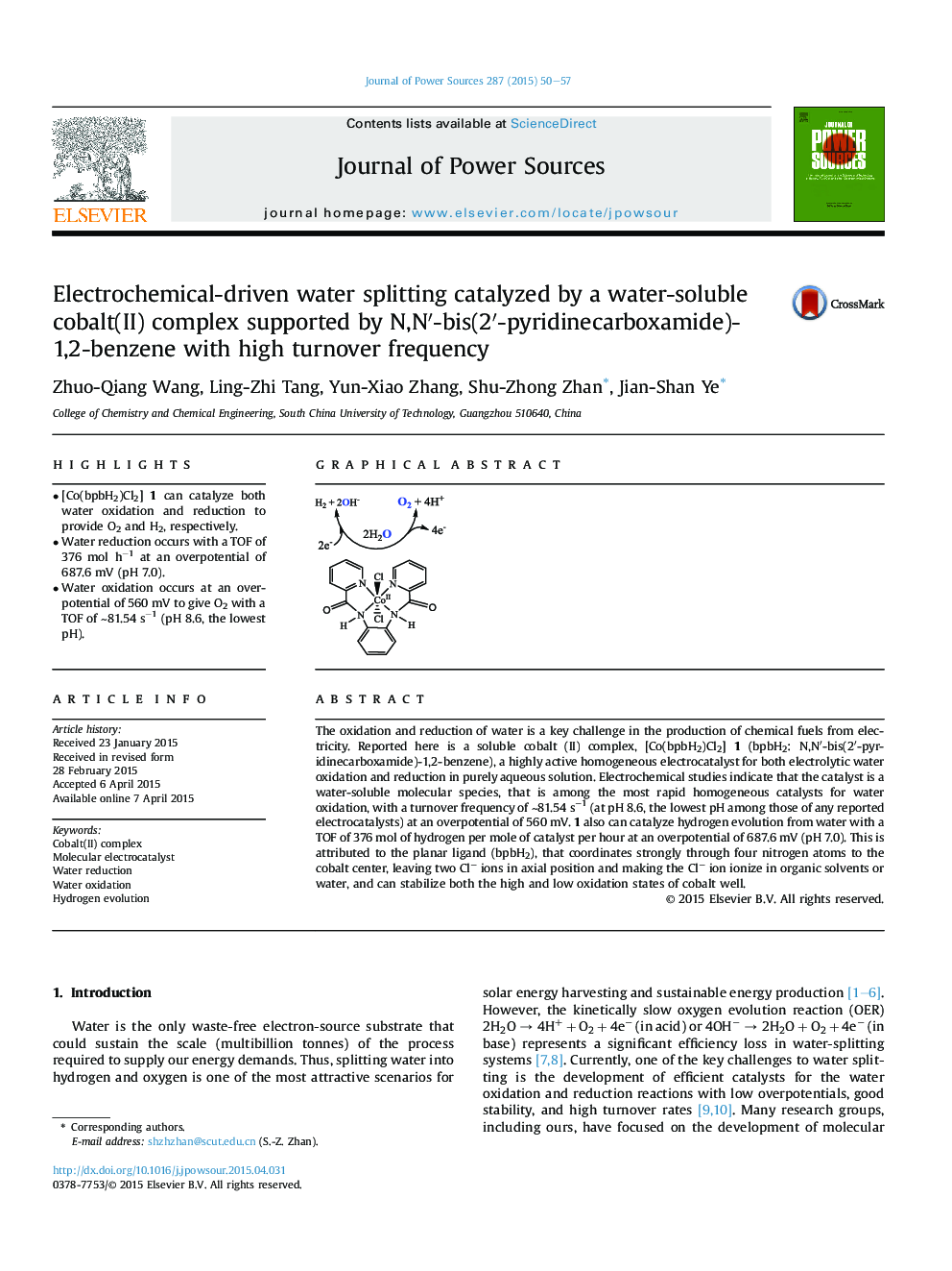 Electrochemical-driven water splitting catalyzed by a water-soluble cobalt(II) complex supported by N,Nâ²-bis(2â²-pyridinecarboxamide)-1,2-benzene with high turnover frequency