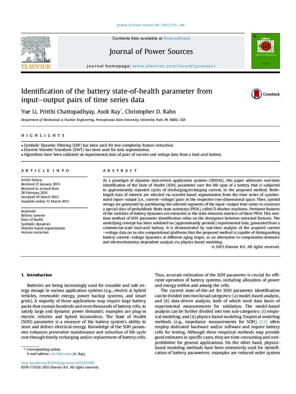 Identification of the battery state-of-health parameter from input-output pairs of time series data