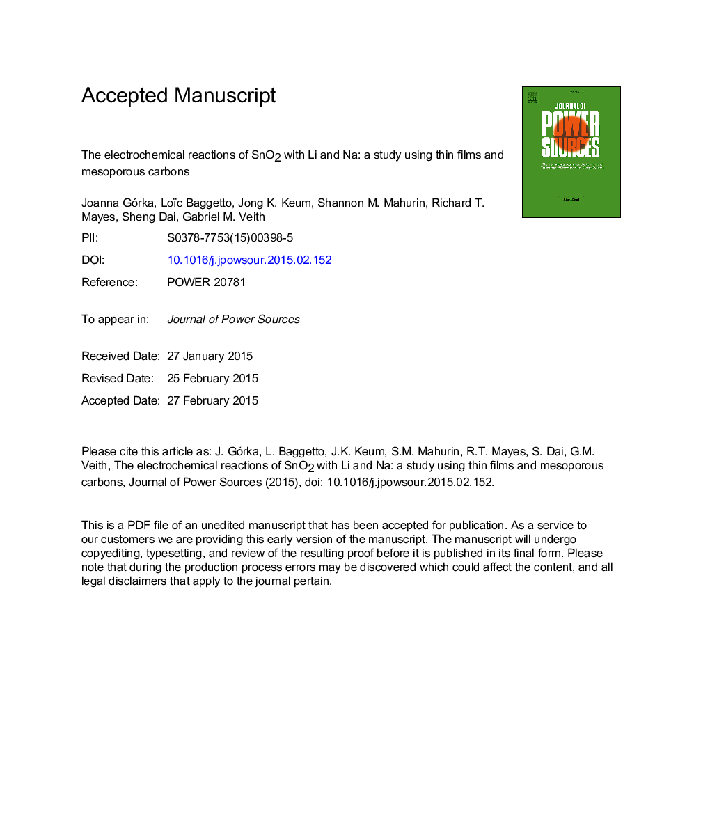 عکس صفحه اول مقاله: The electrochemical reactions of SnO2 with Li and Na: A study using thin films and mesoporous carbons The electrochemical reactions of SnO2 with Li and Na: A study using thin films and mesoporous carbons
