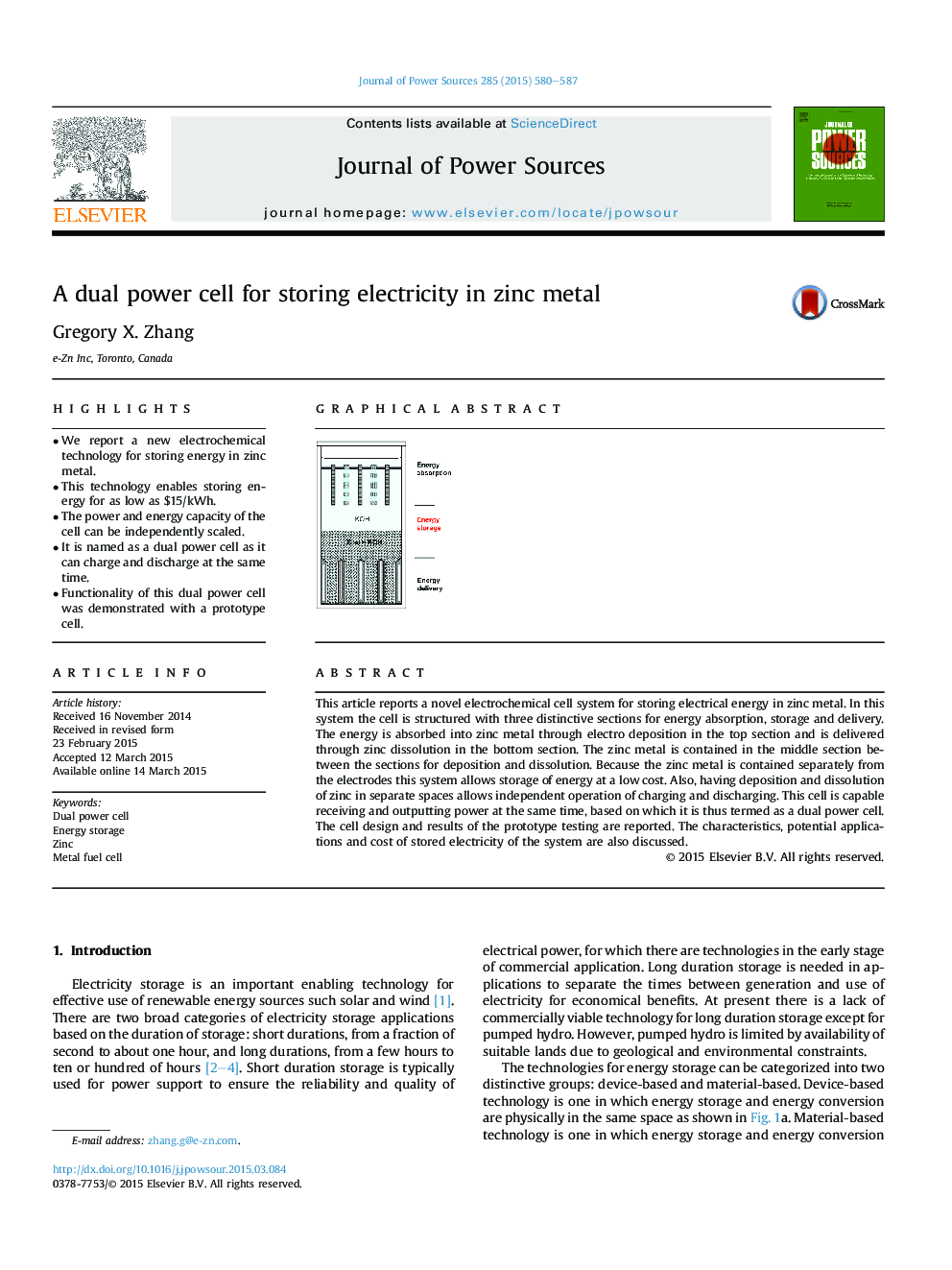 A dual power cell for storing electricity in zinc metal