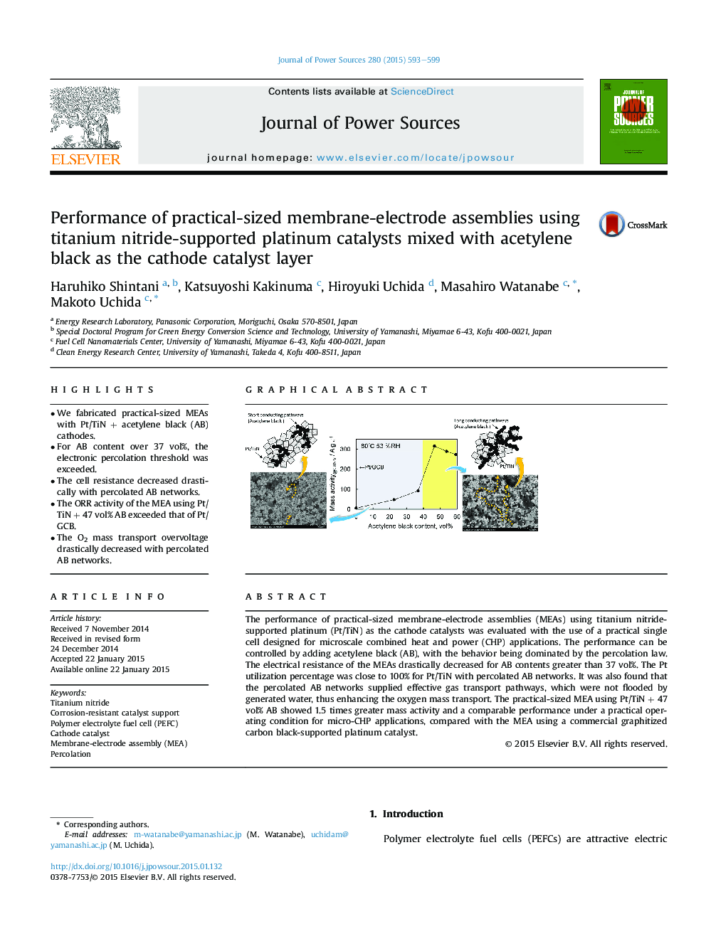 Performance of practical-sized membrane-electrode assemblies using titanium nitride-supported platinum catalysts mixed with acetylene black as the cathode catalyst layer