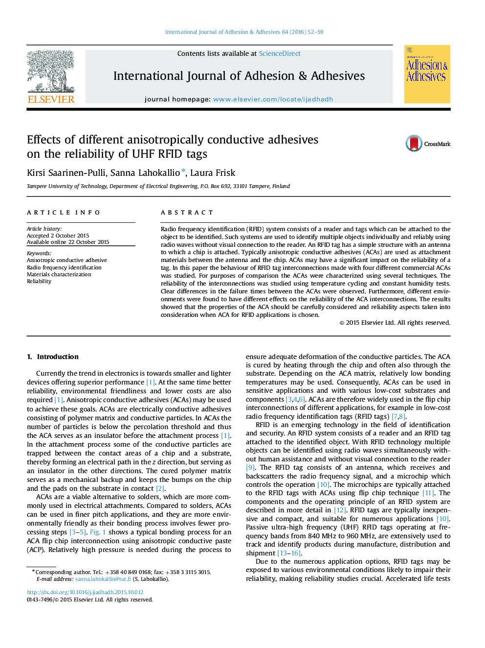 Effects of different anisotropically conductive adhesives on the reliability of UHF RFID tags