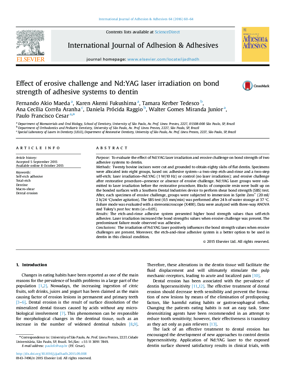 Effect of erosive challenge and Nd:YAG laser irradiation on bond strength of adhesive systems to dentin
