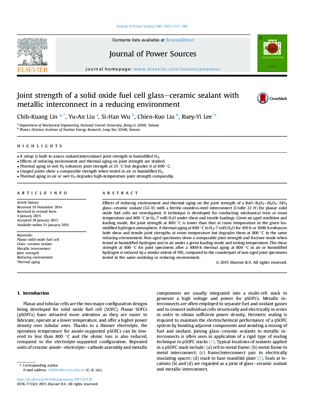 Joint strength of a solid oxide fuel cell glass-ceramic sealant with metallic interconnect in a reducing environment