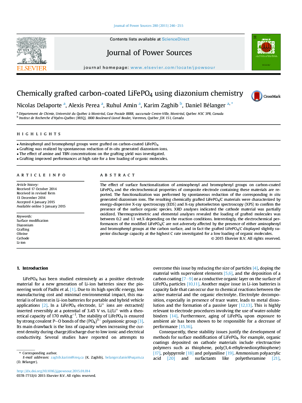 Chemically grafted carbon-coated LiFePO4 using diazonium chemistry