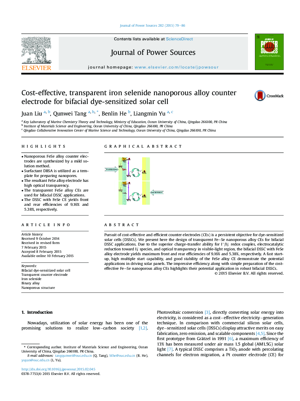 Cost-effective, transparent iron selenide nanoporous alloy counter electrode for bifacial dye-sensitized solar cell