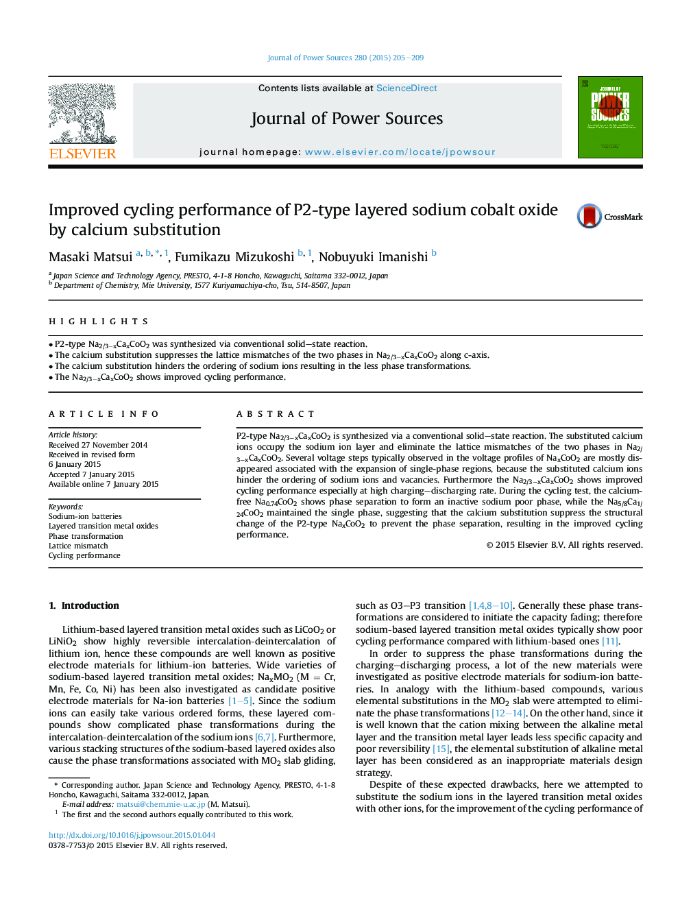 Improved cycling performance of P2-type layered sodium cobalt oxide by calcium substitution