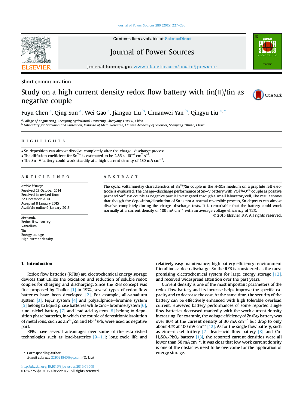 Study on a high current density redox flow battery with tin(â¡)/tin as negative couple