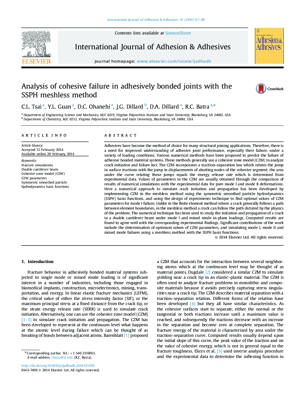 Analysis of cohesive failure in adhesively bonded joints with the SSPH meshless method