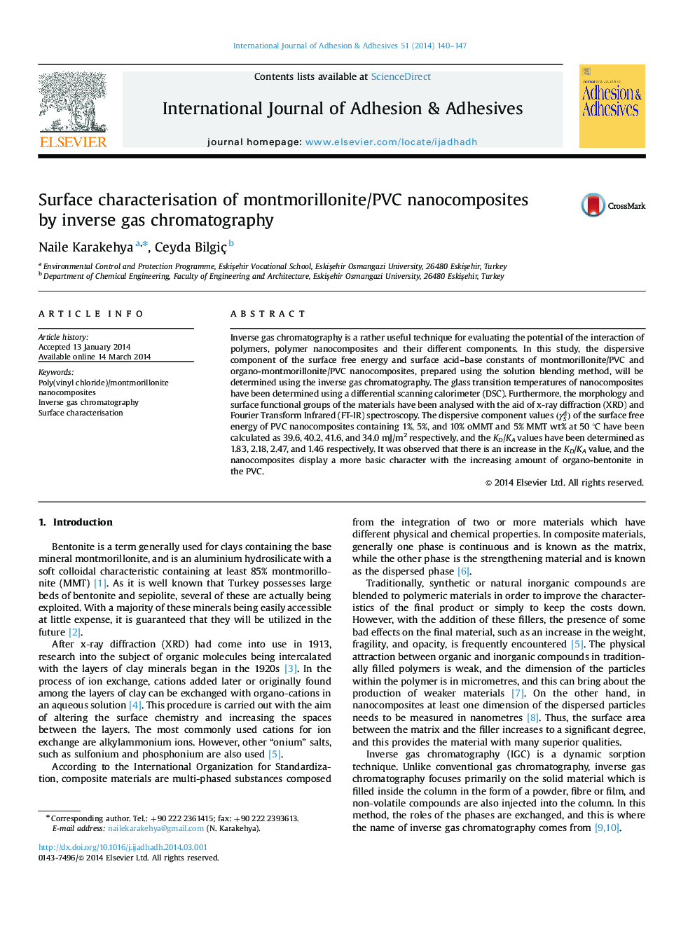 Surface characterisation of montmorillonite/PVC nanocomposites by inverse gas chromatography