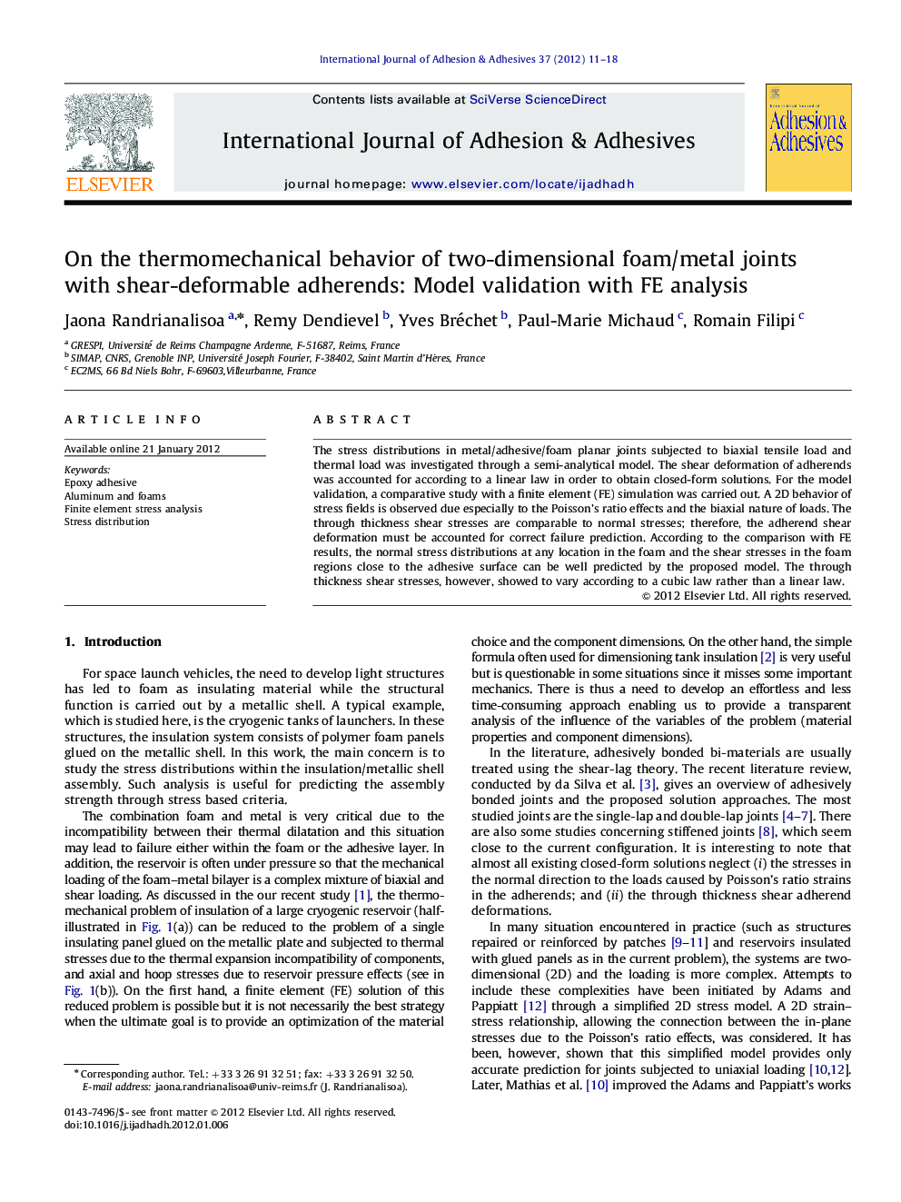 On the thermomechanical behavior of two-dimensional foam/metal joints with shear-deformable adherends: Model validation with FE analysis