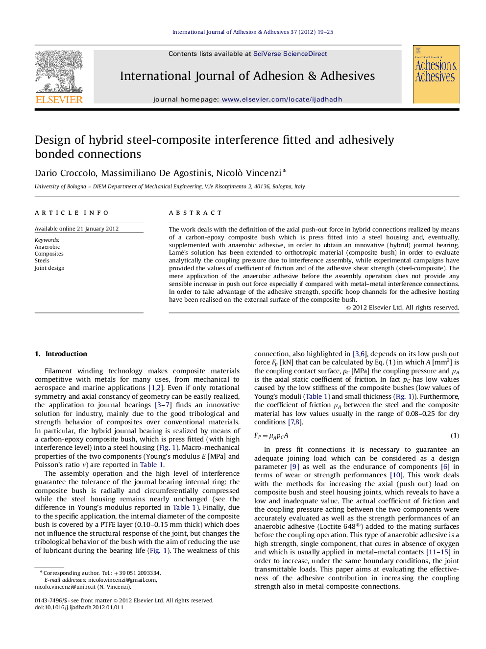 عکس صفحه اول مقاله: Design of hybrid steel-composite interference fitted and adhesively bonded connections Design of hybrid steel-composite interference fitted and adhesively bonded connections