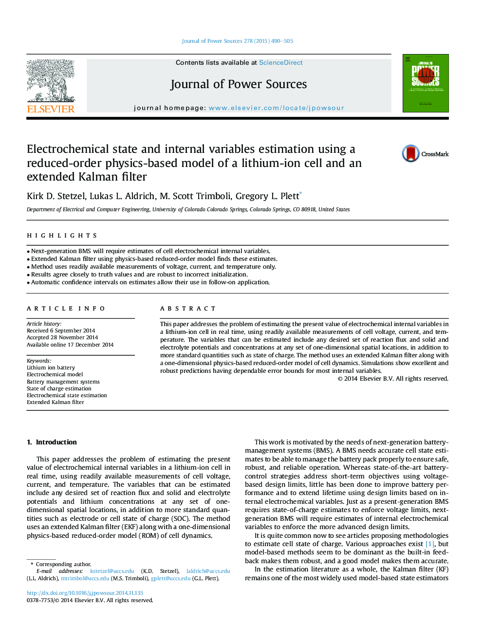 Electrochemical state and internal variables estimation using a reduced-order physics-based model of a lithium-ion cell and an extended Kalman filter