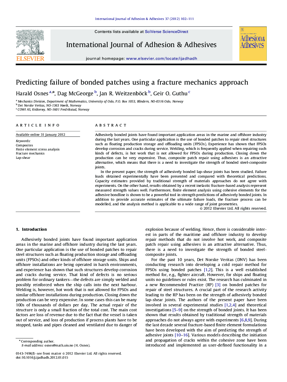 Predicting failure of bonded patches using a fracture mechanics approach