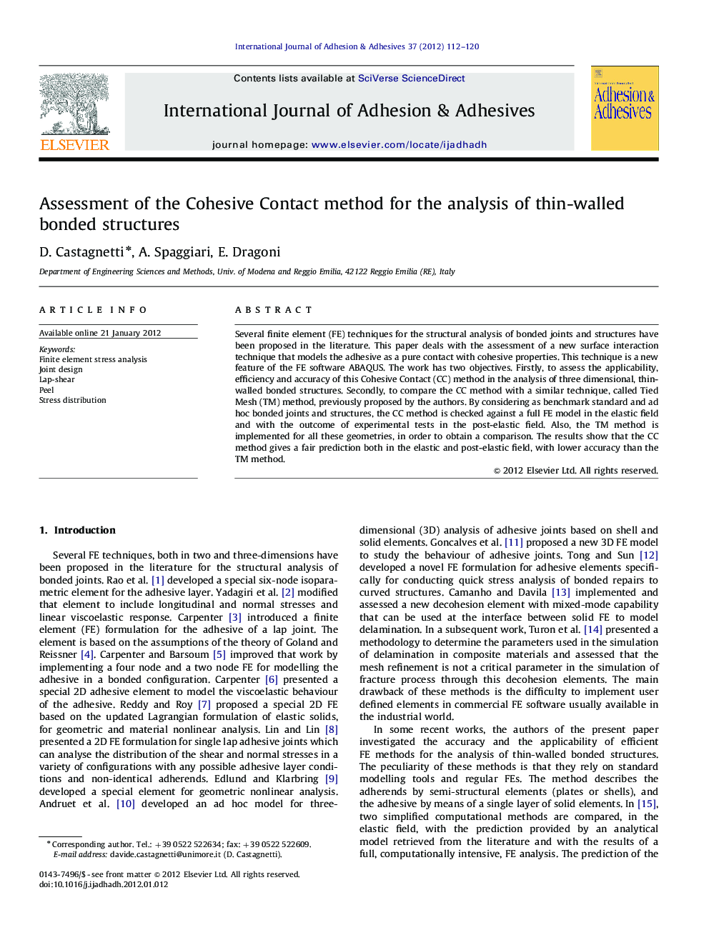 Assessment of the Cohesive Contact method for the analysis of thin-walled bonded structures