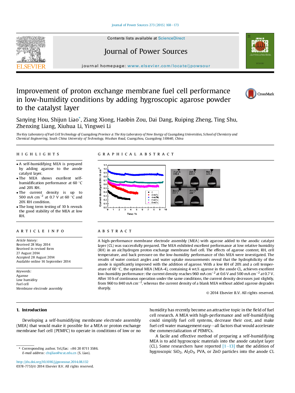 Improvement of proton exchange membrane fuel cell performance in low-humidity conditions by adding hygroscopic agarose powder to the catalyst layer