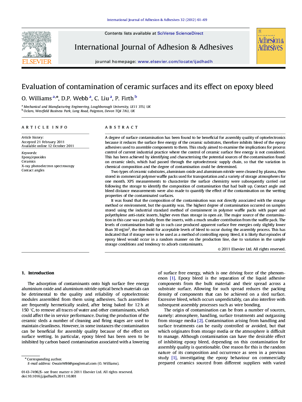 Evaluation of contamination of ceramic surfaces and its effect on epoxy bleed