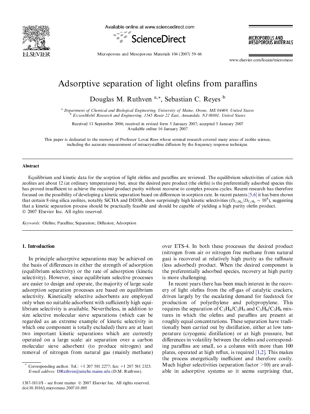 Adsorptive separation of light olefins from paraffins