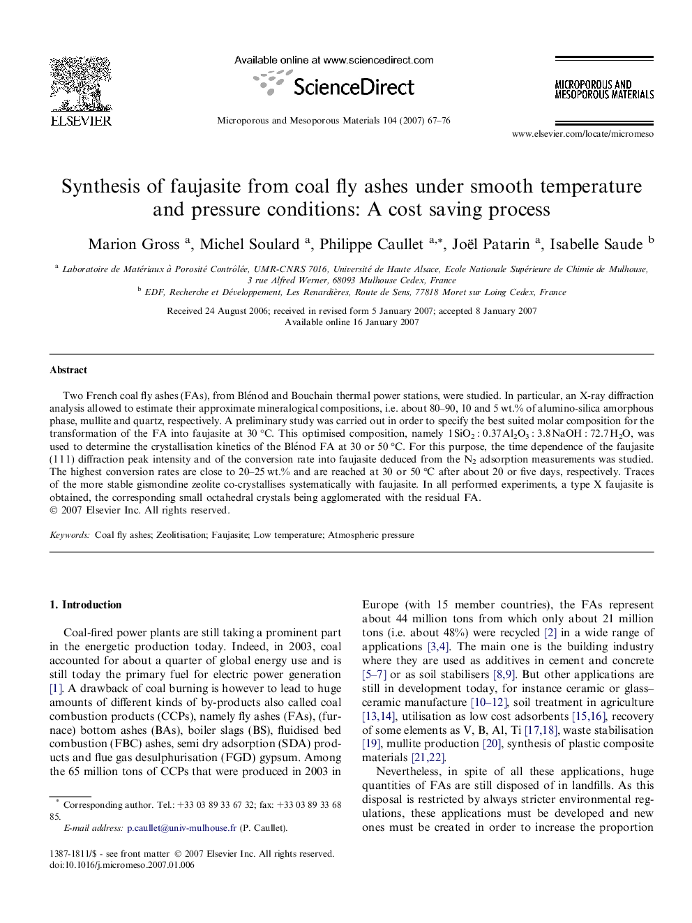 Synthesis of faujasite from coal fly ashes under smooth temperature and pressure conditions: A cost saving process