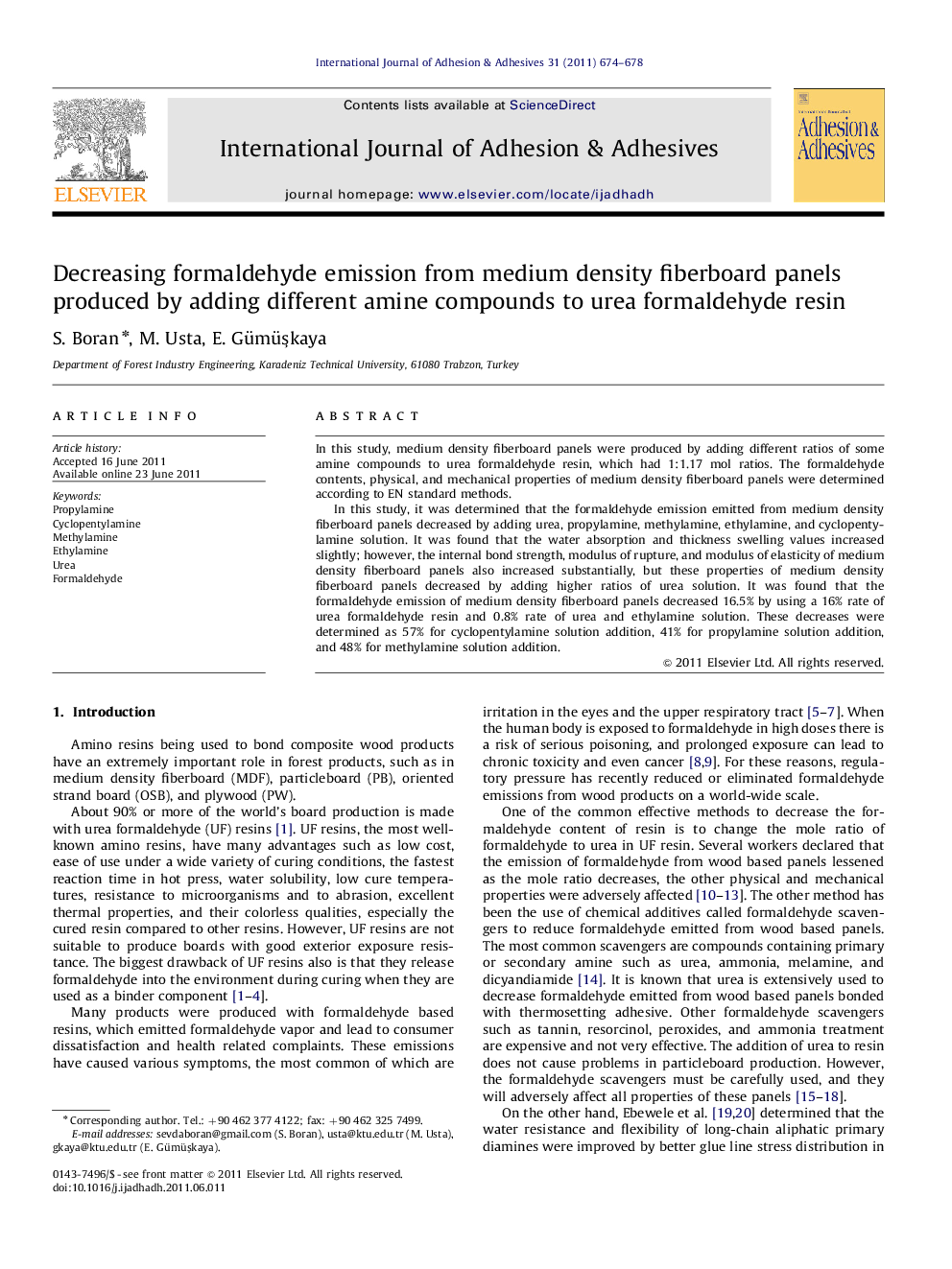 Decreasing formaldehyde emission from medium density fiberboard panels produced by adding different amine compounds to urea formaldehyde resin