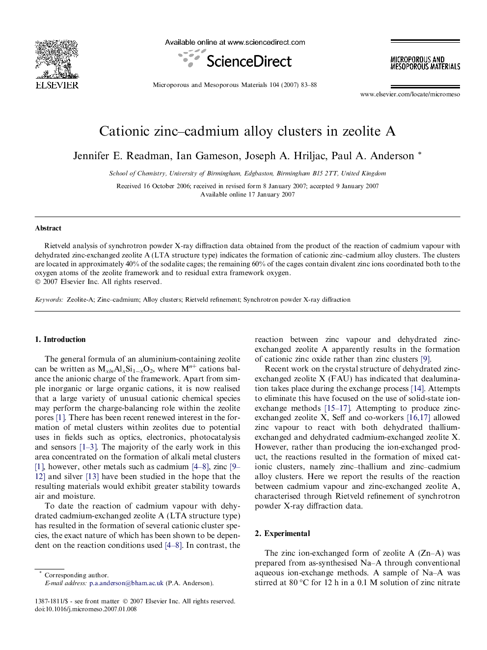 Cationic zinc–cadmium alloy clusters in zeolite A