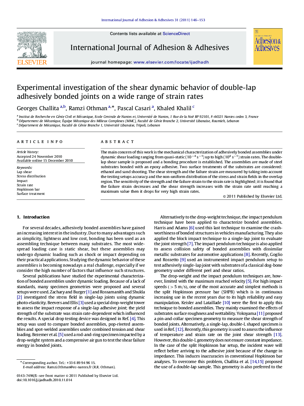 Experimental investigation of the shear dynamic behavior of double-lap adhesively bonded joints on a wide range of strain rates