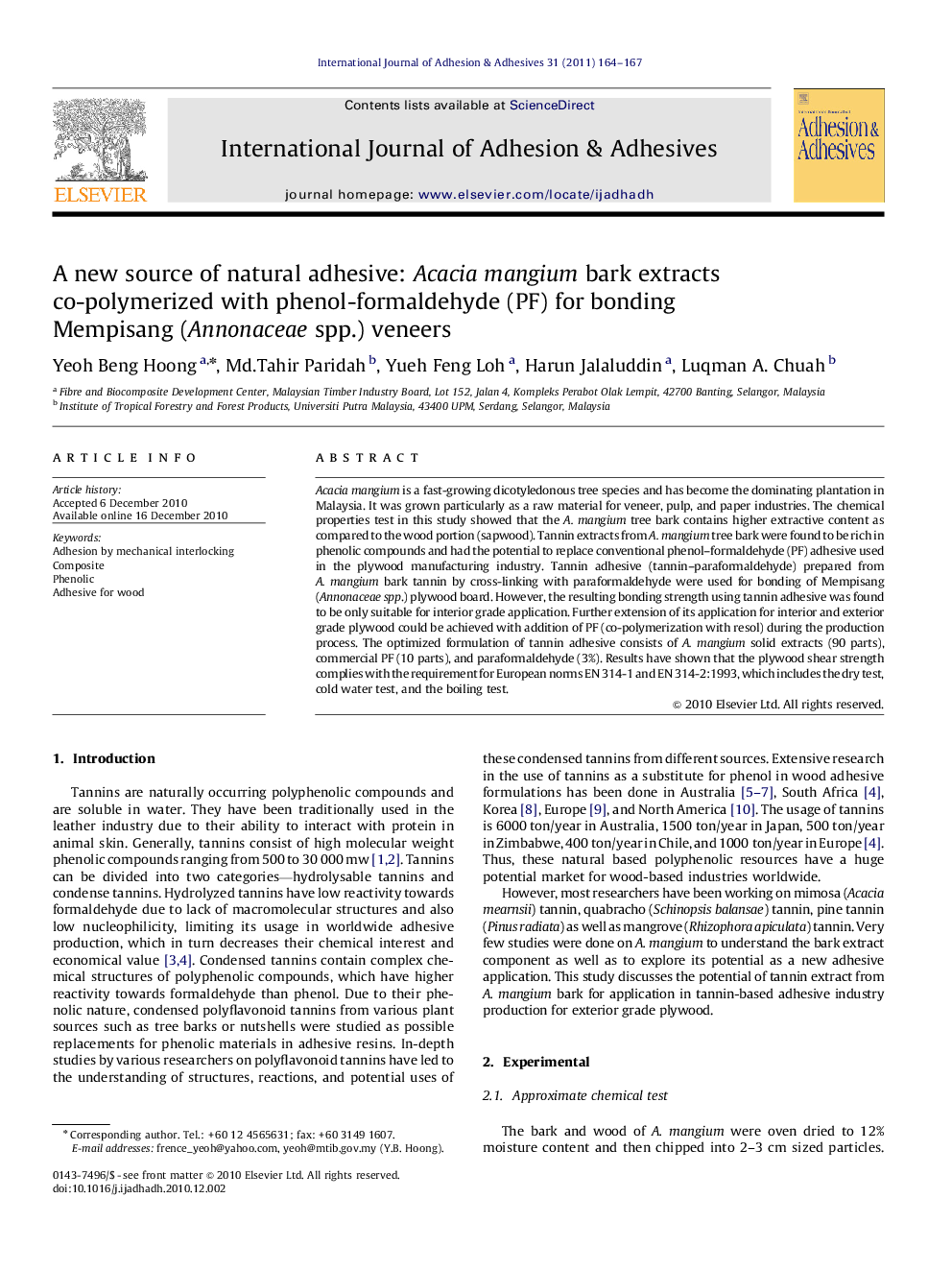 A new source of natural adhesive: Acacia mangium bark extracts co-polymerized with phenol-formaldehyde (PF) for bonding Mempisang (Annonaceae spp.) veneers