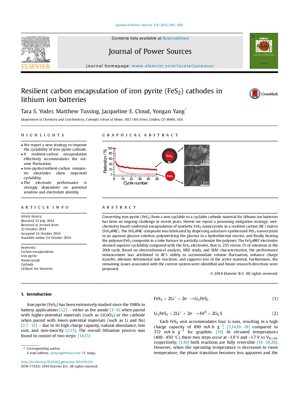 Resilient carbon encapsulation of iron pyrite (FeS2) cathodes in lithium ion batteries