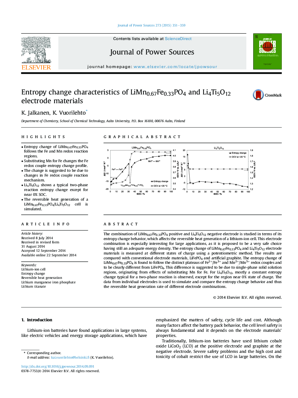 Entropy change characteristics of LiMn0.67Fe0.33PO4 and Li4Ti5O12 electrode materials