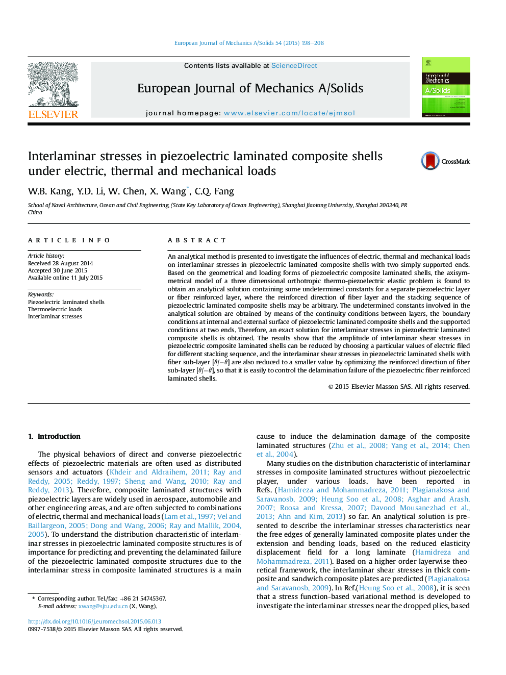 Interlaminar stresses in piezoelectric laminated composite shells under electric, thermal and mechanical loads