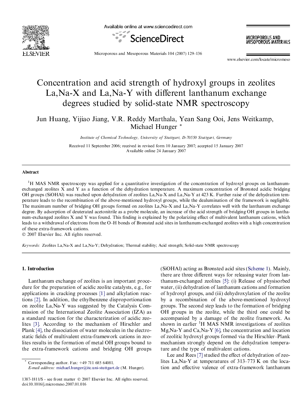 Concentration and acid strength of hydroxyl groups in zeolites La,Na-X and La,Na-Y with different lanthanum exchange degrees studied by solid-state NMR spectroscopy