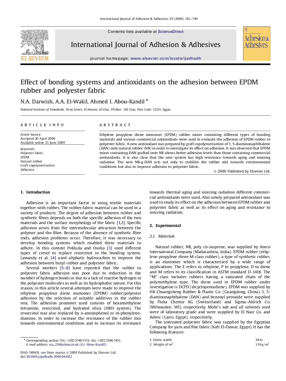 Effect of bonding systems and antioxidants on the adhesion between EPDM rubber and polyester fabric